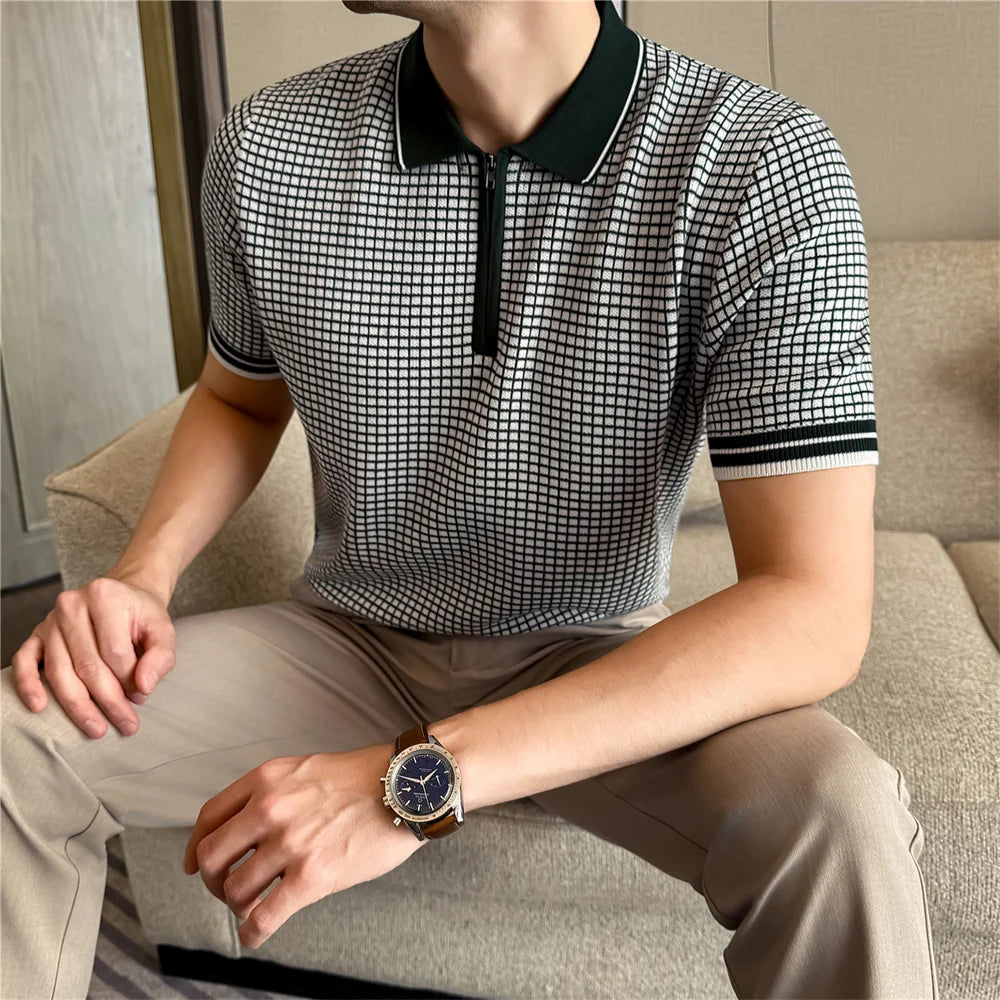 Knitted Checkered Zipper Polo Shirt