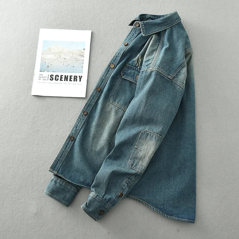 Retro Casual Solid Denim Shirt