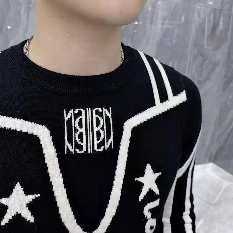 Letter Color-Blocking Round Neck Sweater