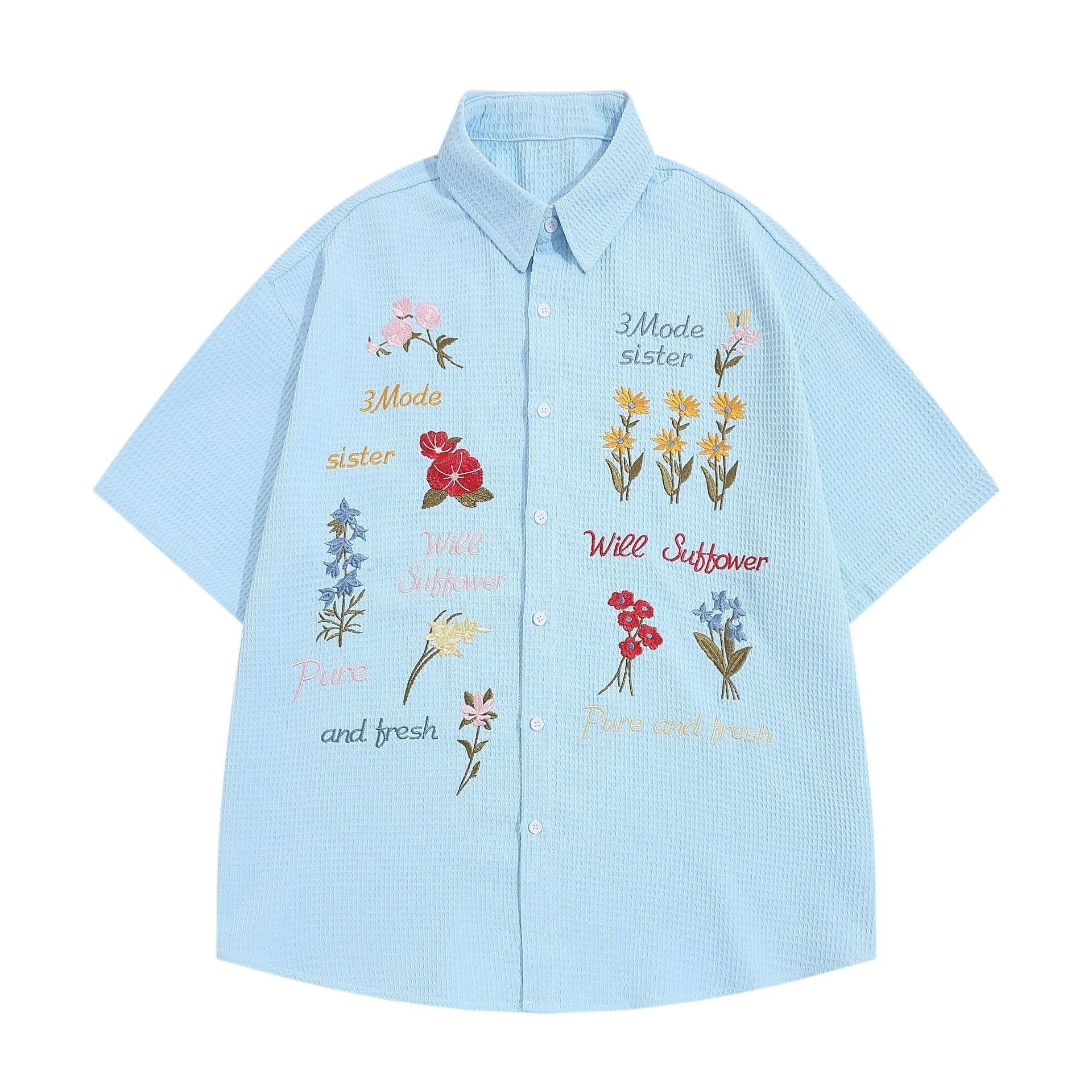 Vintage Floral Embroidered Short Sleeve Shirt