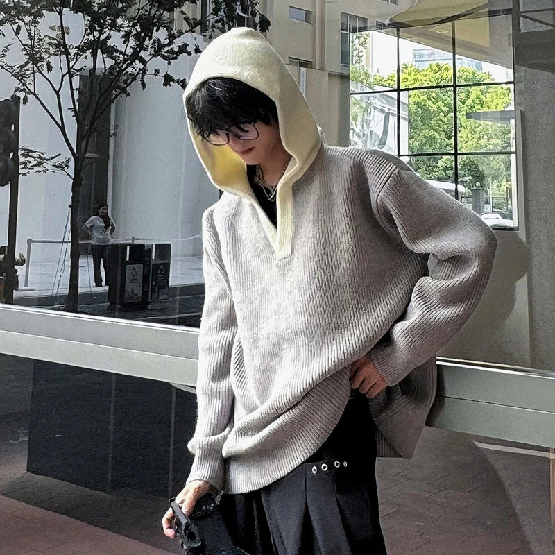 Casual Solid Two Tone Knitted Hoodie