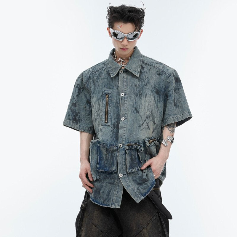 Brushed Worn-Out Short-Sleeved Denim Jacket