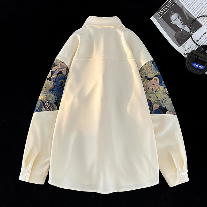 Embroidery Bear Patchwork Long Sleeve Shirt