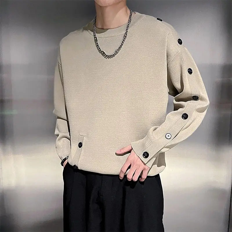 Fashion Round Neck Sleeve Button Sweater