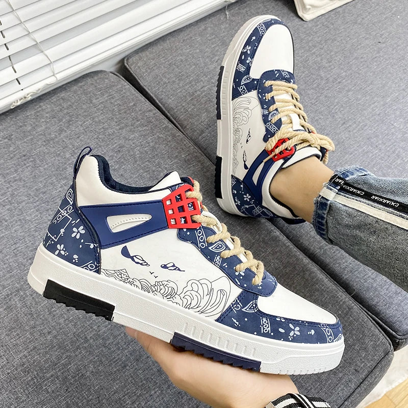 Geometric-Printed PU Leather Sneakers