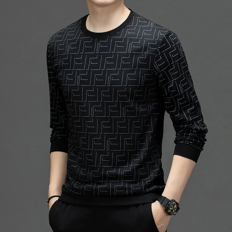 Geometric Letter Printed O-Neck Sweater