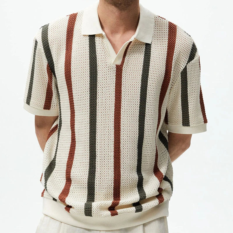 Striped Knitted Short-Sleeve Polo Shirt