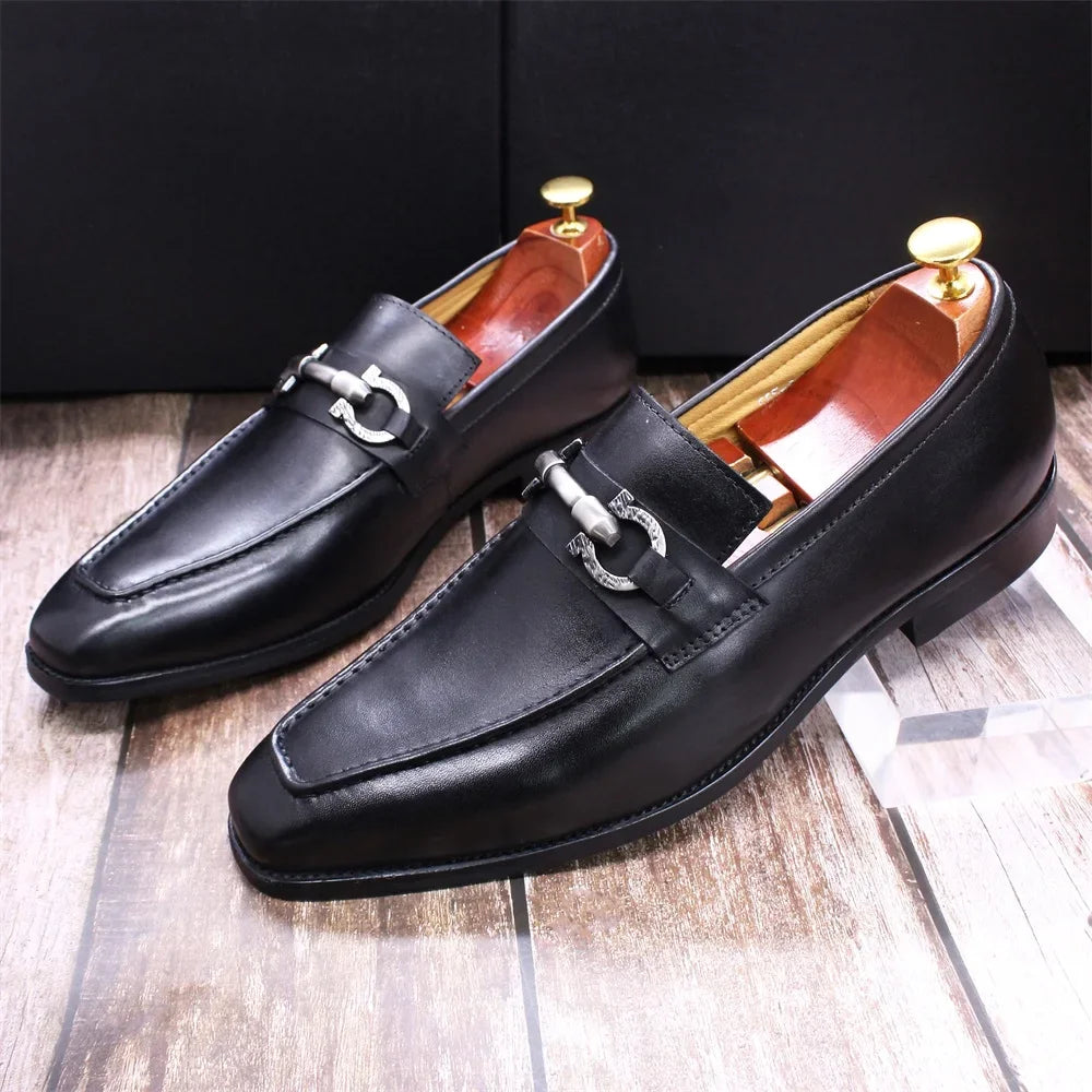Black Color Leather Metal Appliques Loafers