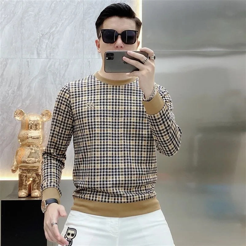 Slim-Fit Plaid Round Neck Casual Sweater