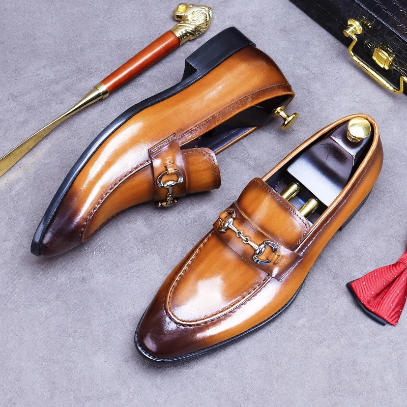 Metal Horsebit Casual Bright Genuine Leather Loafers