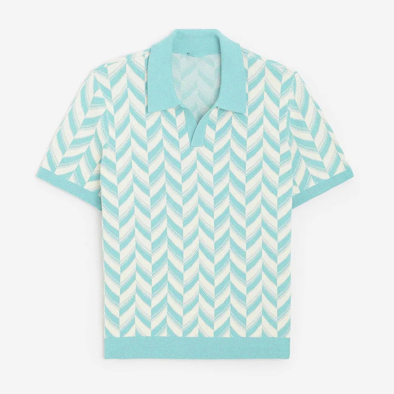 Sky Blue Geometric Polyester Polo Shirt
