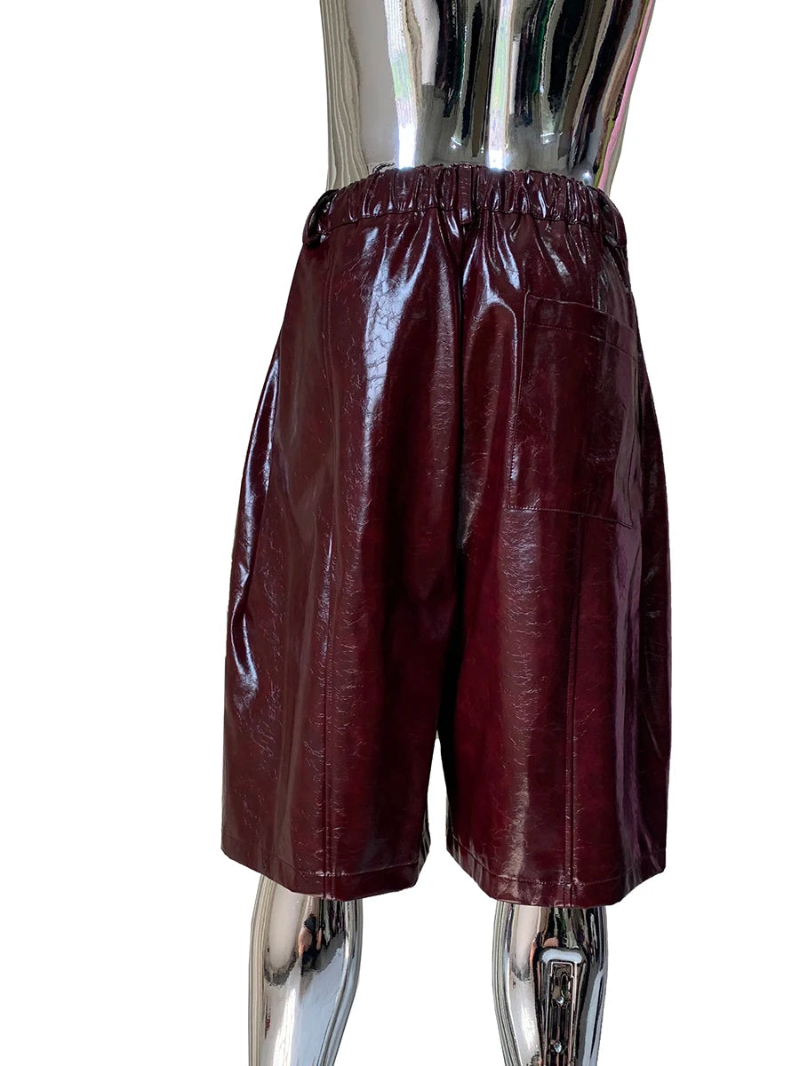 Shiny Burgundy Leather Straight Shorts