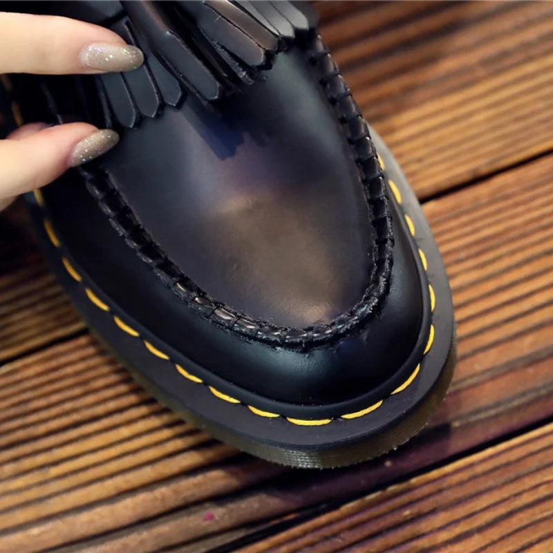 Black Leather Tassels Slip-On Loafers