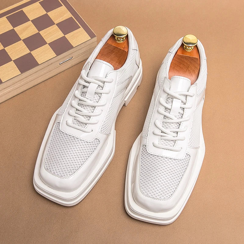 Minimalist Square Toe Mesh Leather Sneakers