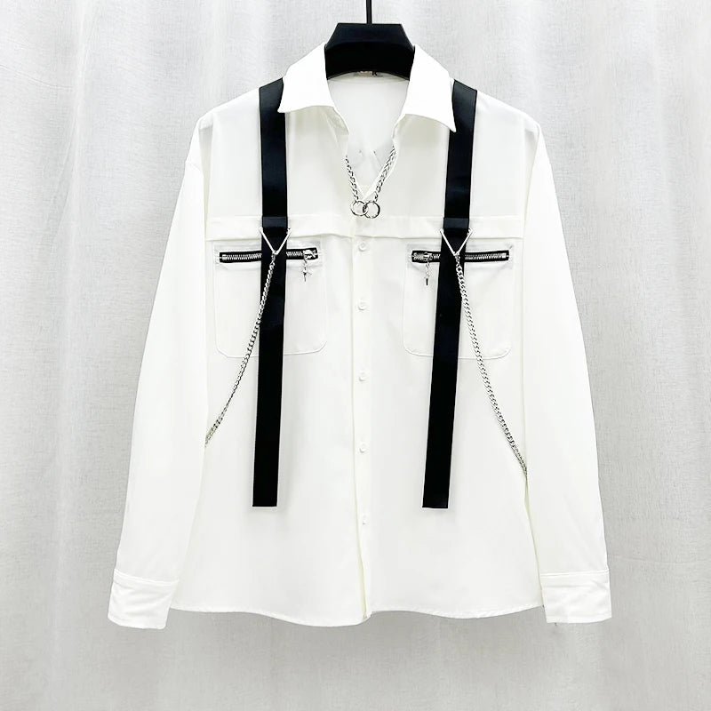 Strap Chain Zipper Pocket Loose Shirt