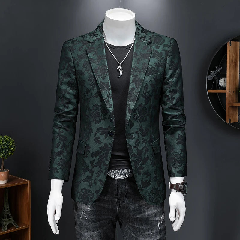 Floral Jacquard Slim-Fit Casual Blazer