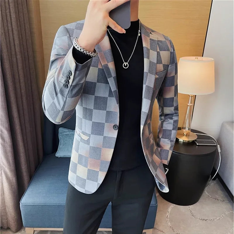 Smart Casual Style Checkered Pattern Blazer