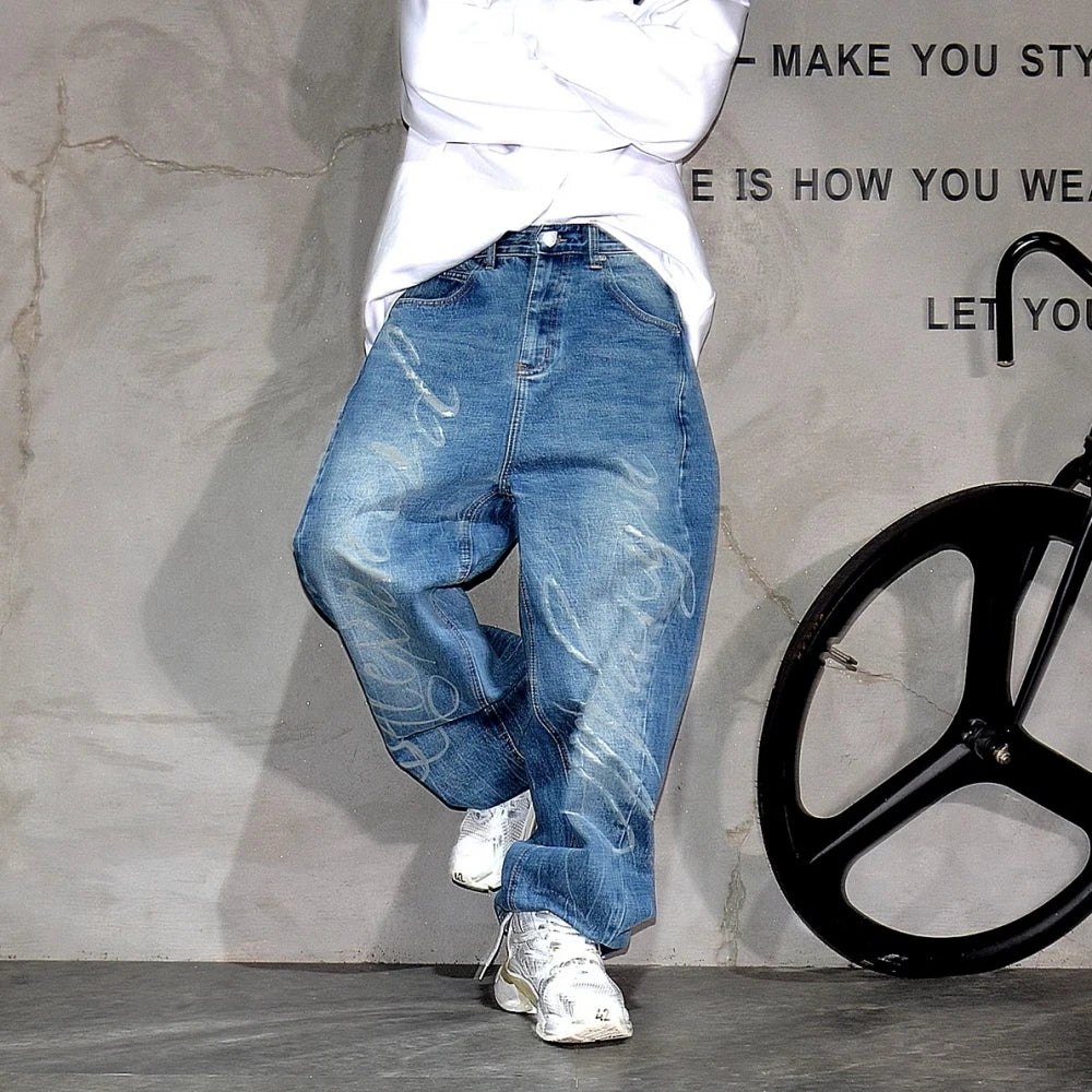 Cursive Script Embroidery Wide Leg Jeans