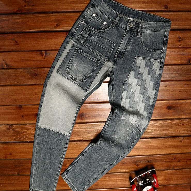 Casual Patchwork Plaid Fitted Jeans