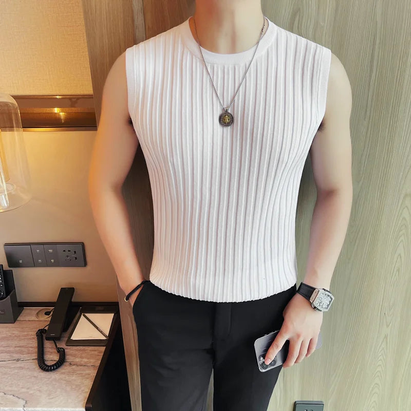 Men's Striped Knitted O-Neck Tank Top