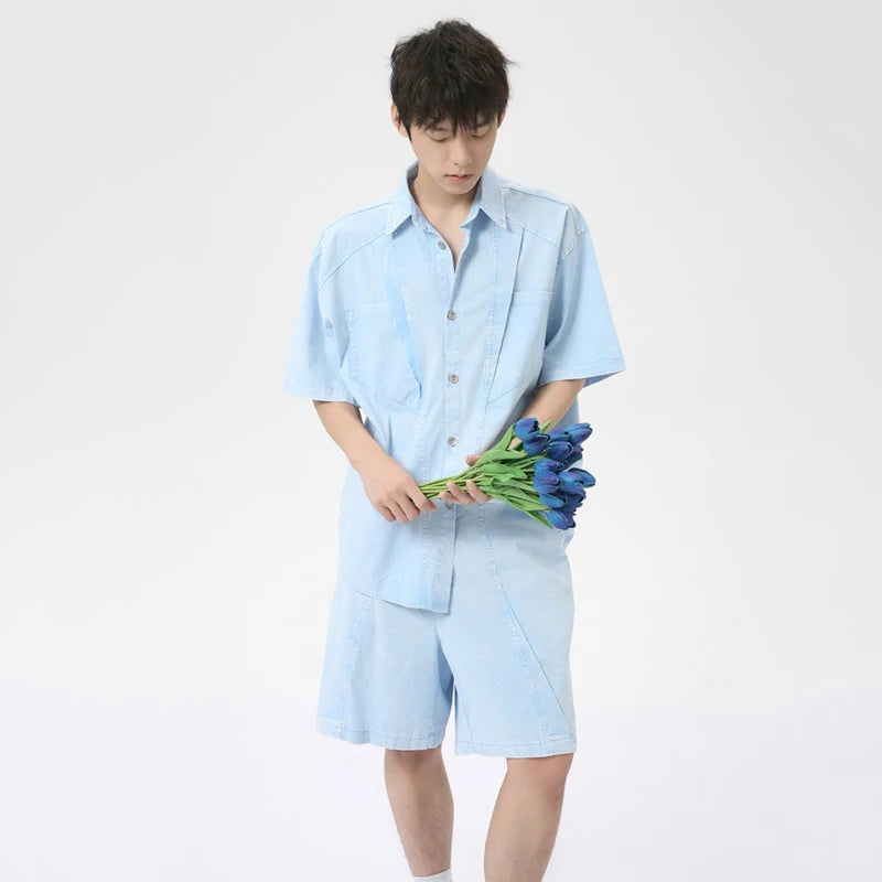 Sky Blue Loose Lapel Collar Shorts Set