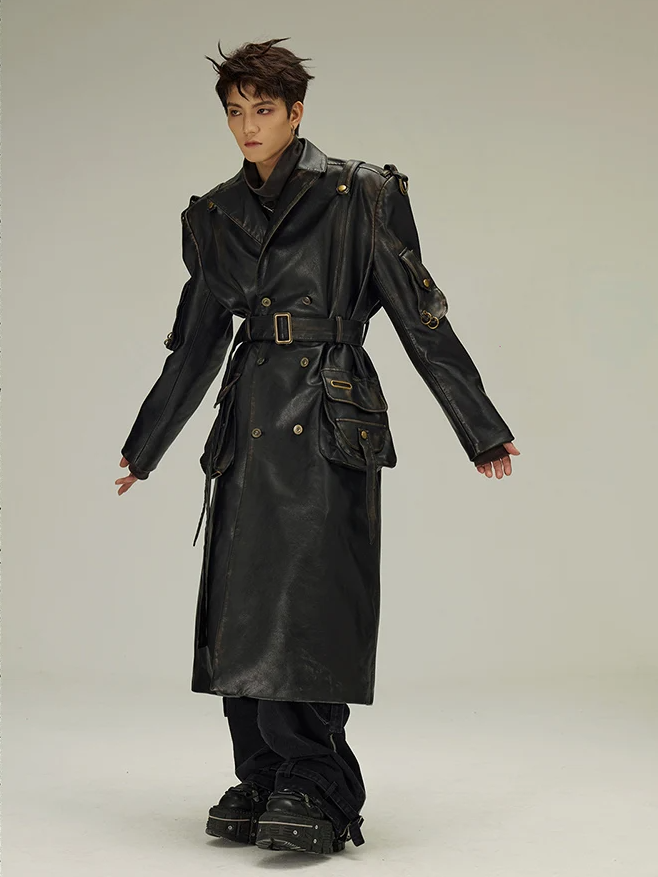 Distressed Black PU Leather Trench Coat