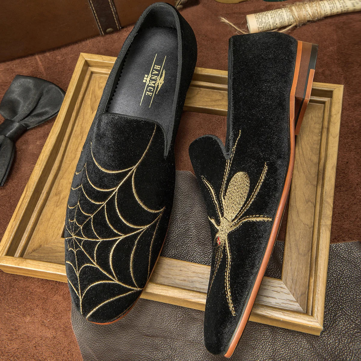 Black Spider Embroidery Suede Loafers