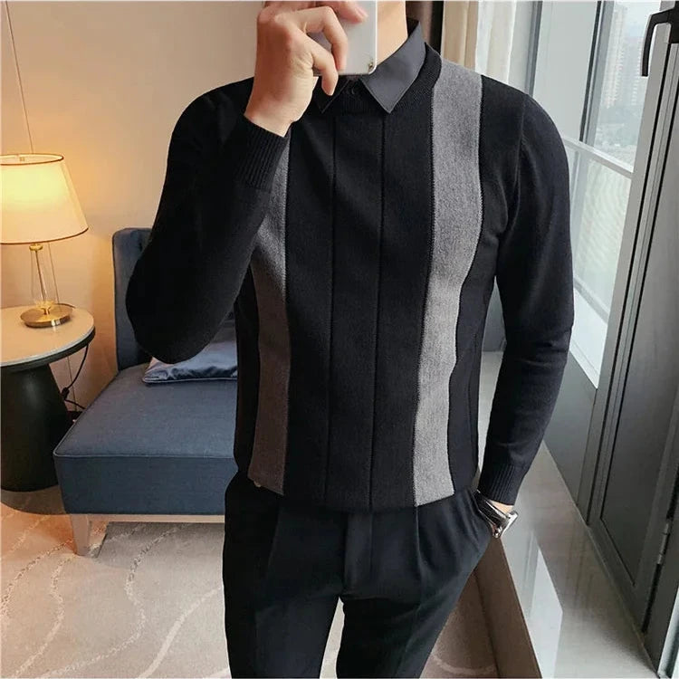 Contrast Spliced Fake 2 Pieces Sweater