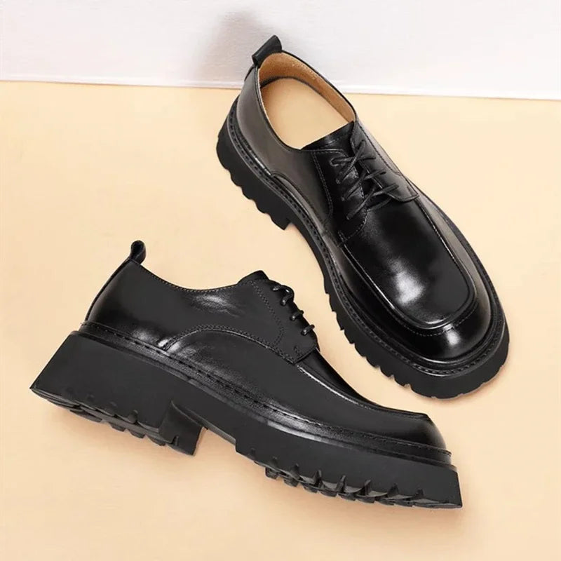 Solid Black Genuine Leather Derby Shoes