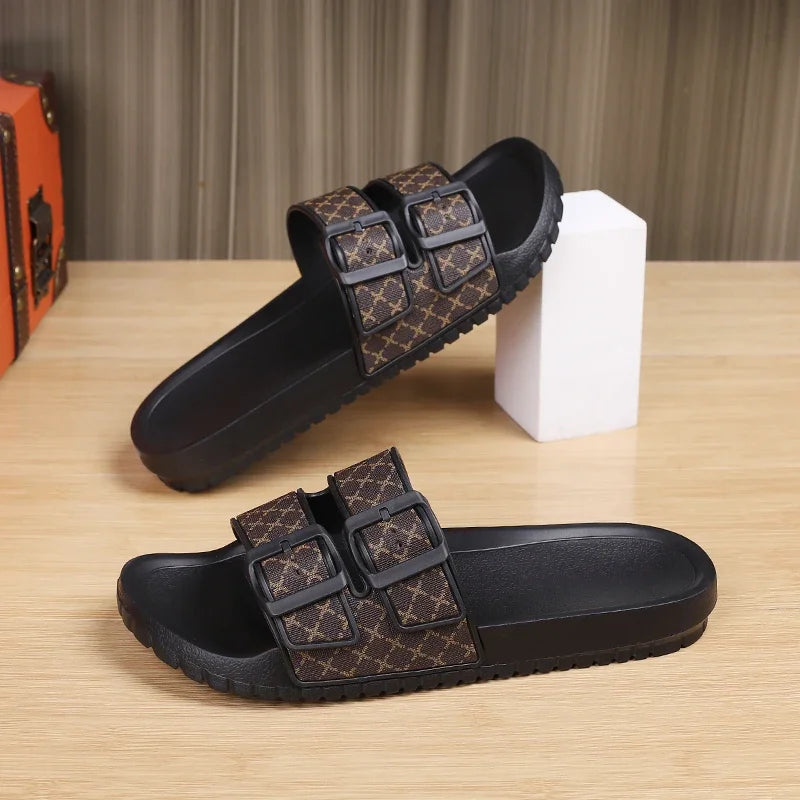Double Buckle Geometric Slip-On Sandals