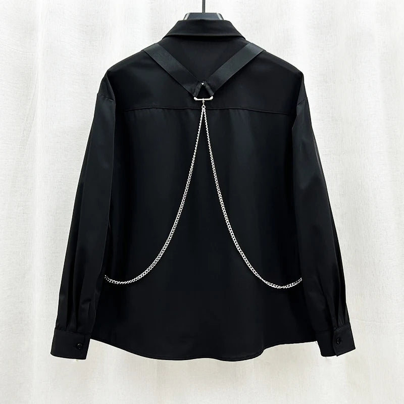 Strap Chain Zipper Pocket Loose Shirt