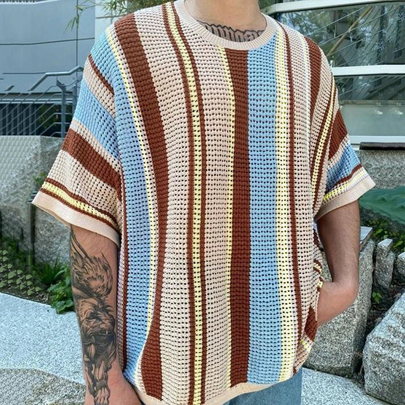 Vertical Striped Knit O-Neck T-Shirt