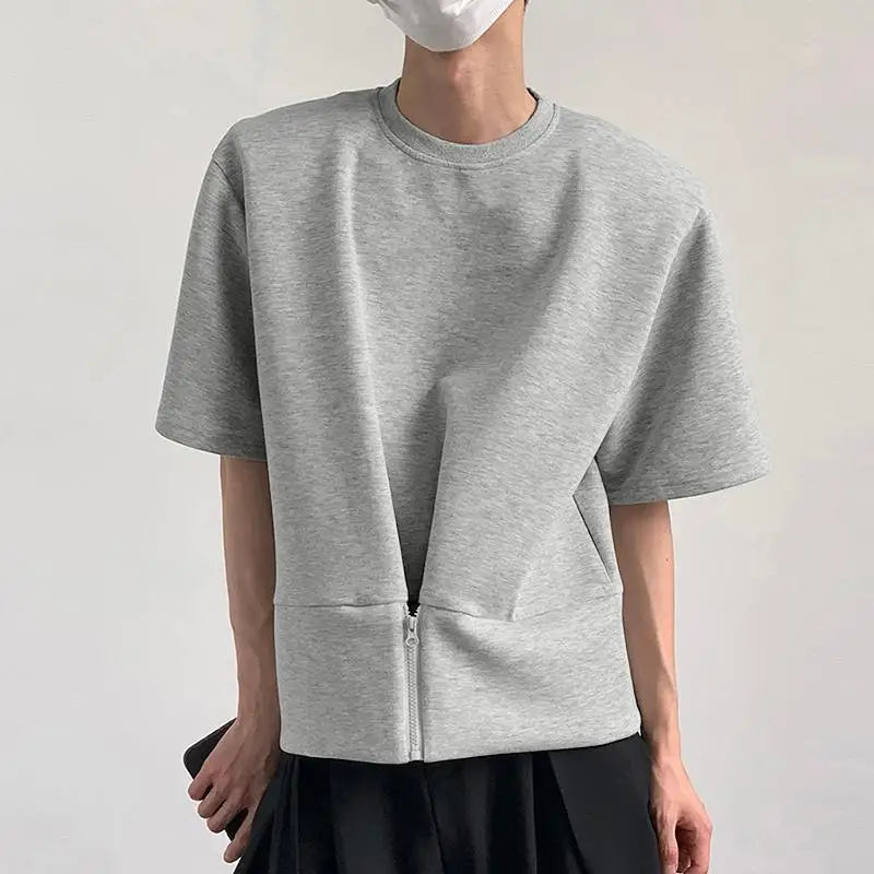 Irregular Solid O-Neck Zipper T-Shirt