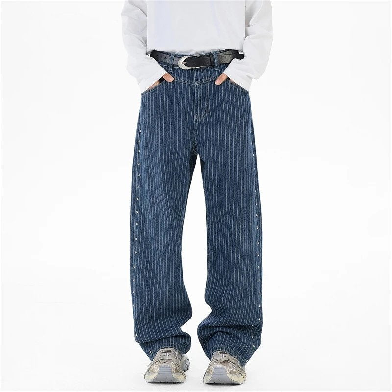Blue Striped Side Seam Beaded Jeans