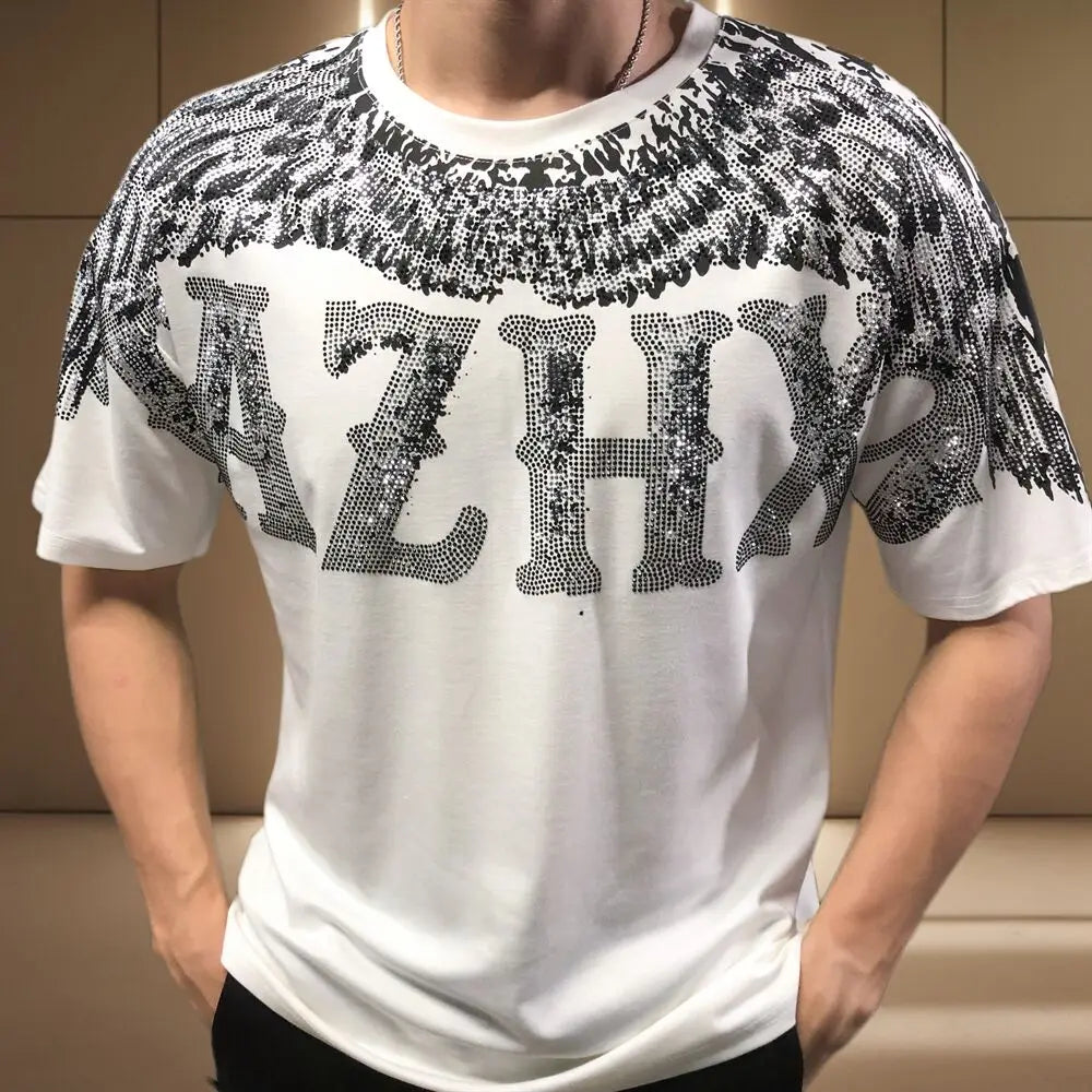 Printed Rhinestone O-Neck T-Shirt