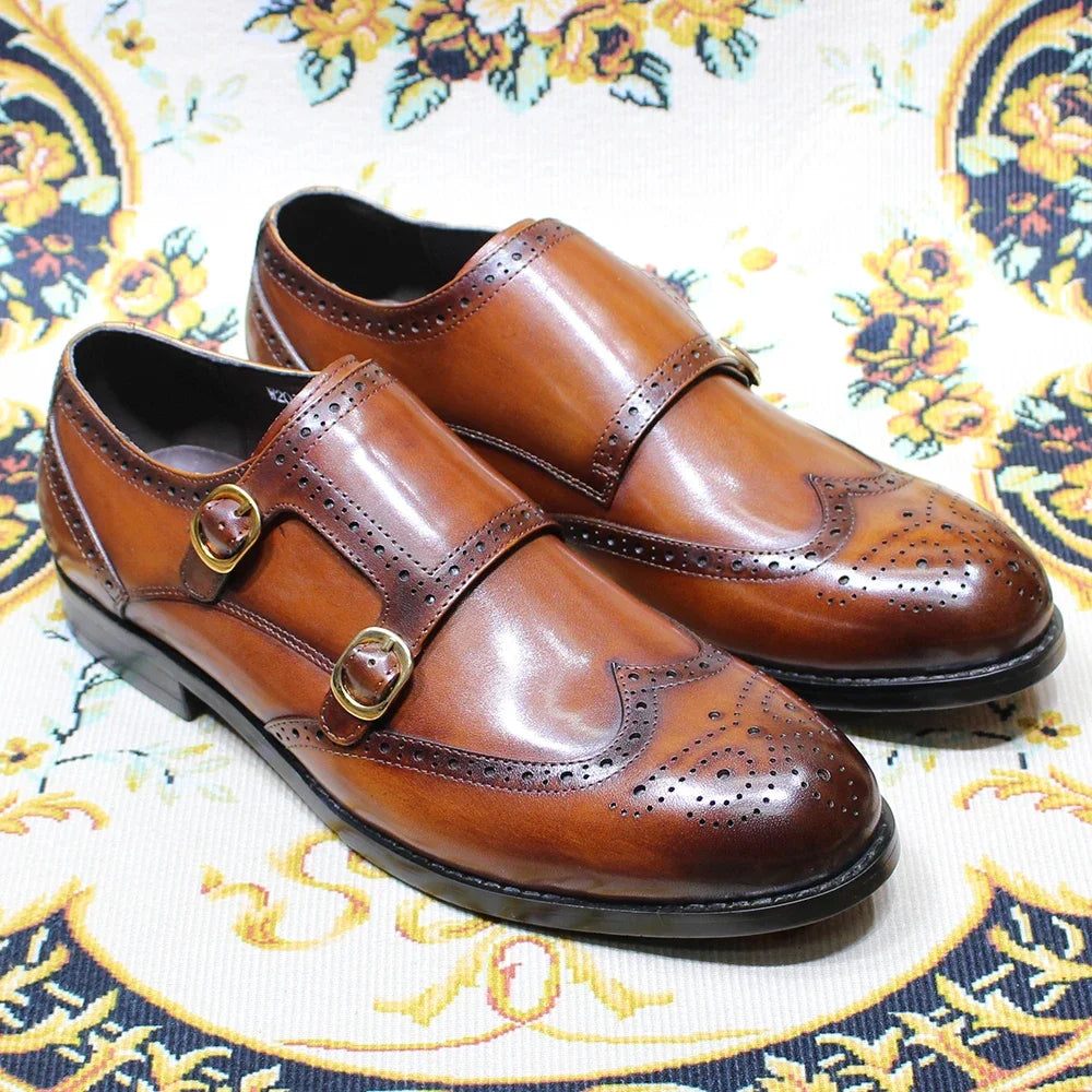 Genuine-Leather Double Buckle Monk Strap Shoes