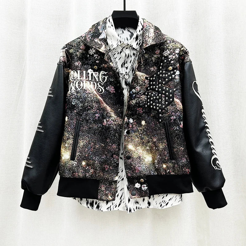 Abstract Embroidery Letter Spliced Jacket