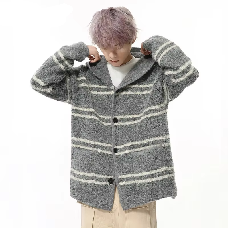 Striped Contrast Knitting Hooded Cardigan