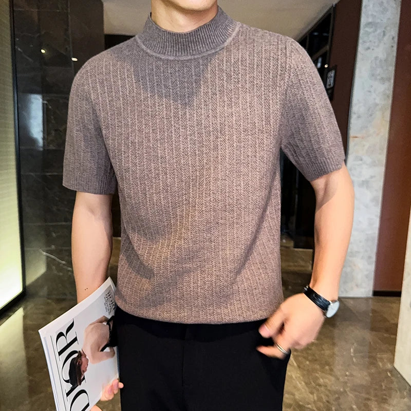 Stripe Textured Mock Neck T-Shirt