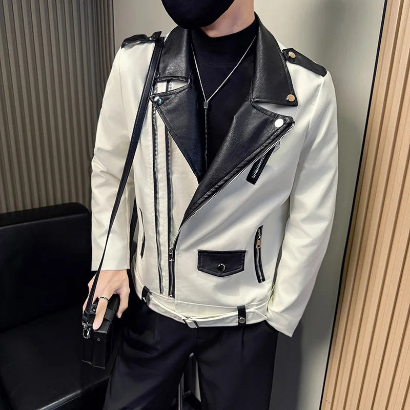 Zipper V-Neck Motorcycle Leather Jacket