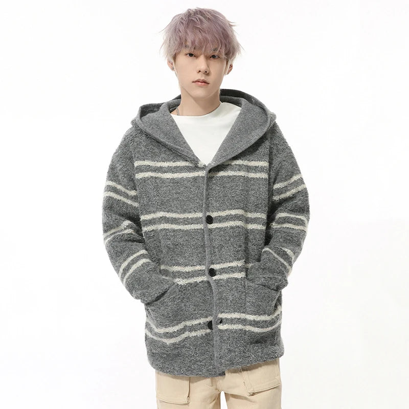 Striped Contrast Knitting Hooded Cardigan