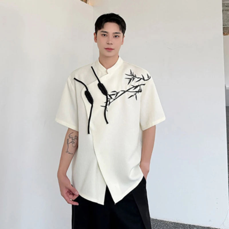 Embroidery Stand Collar Short Sleeve Shirt