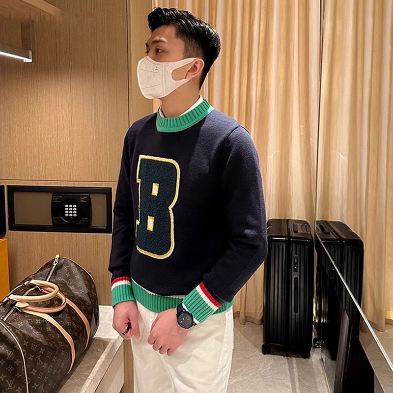 B Letter Embroidered Wool Sweater