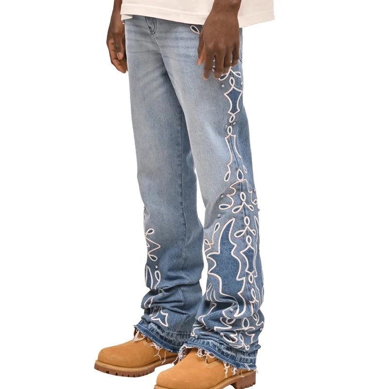 Embroidered Flame Bottom Men's Jeans