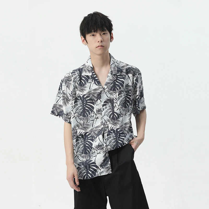 Leaf Printing Turn-down Collar Shirt