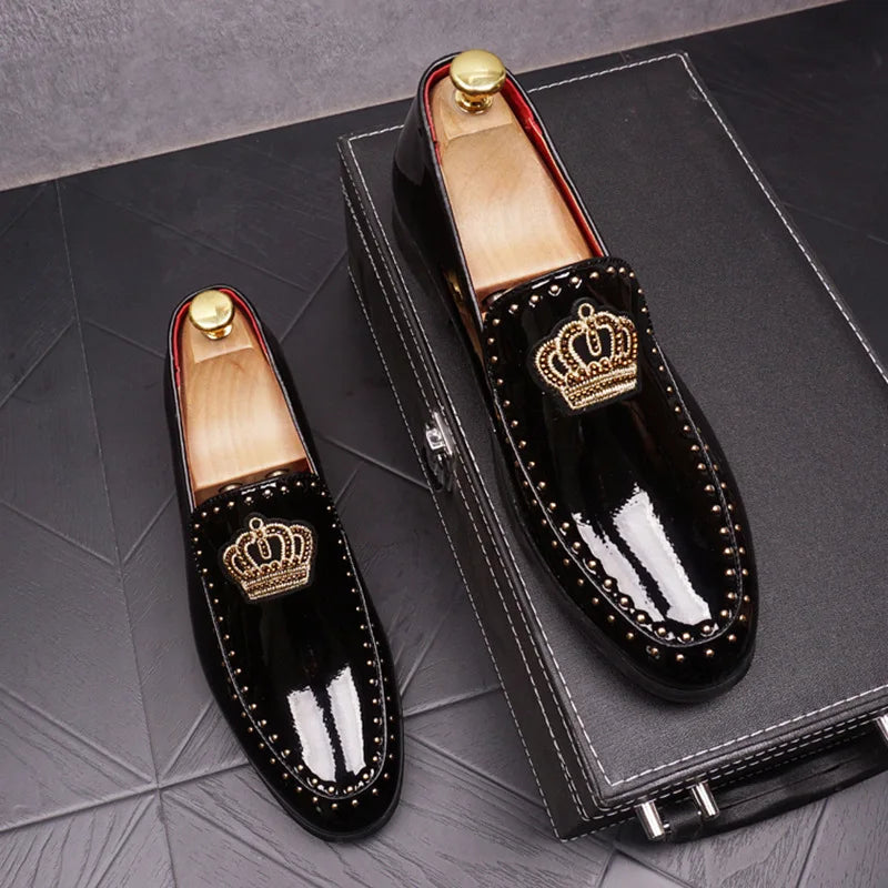 Crown Embroidery Black PU Loafers