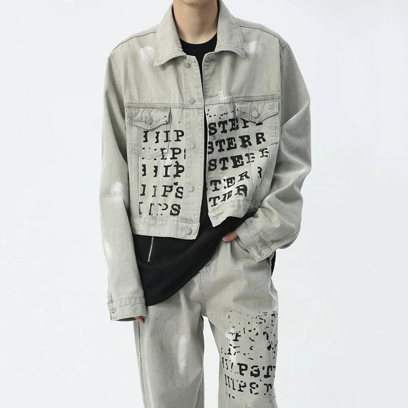 Letter Printing Denim Jacket Pants Set