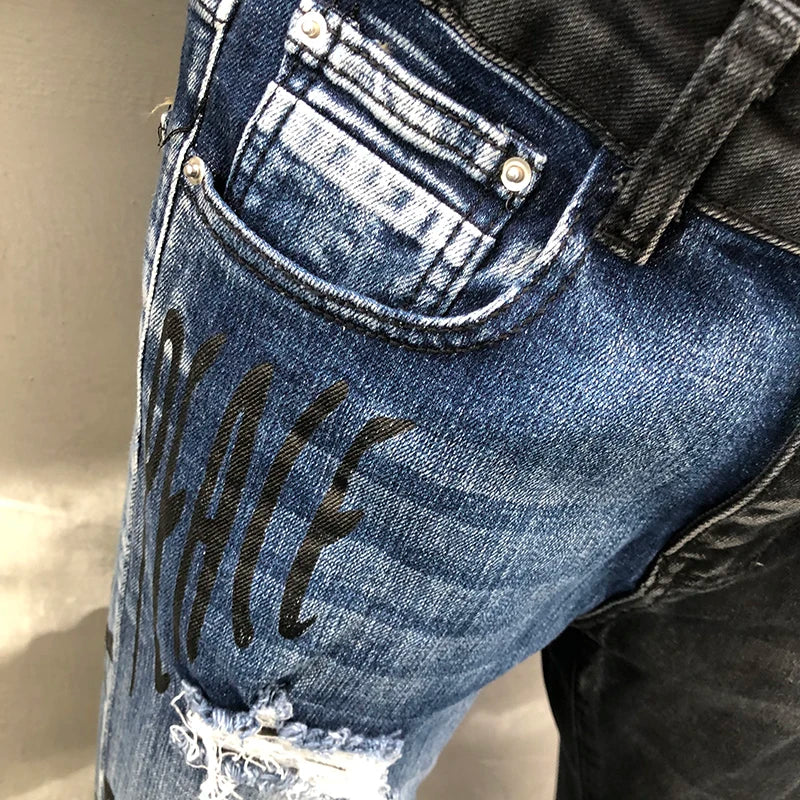 Geometric Pattern Ripped Denim Jeans