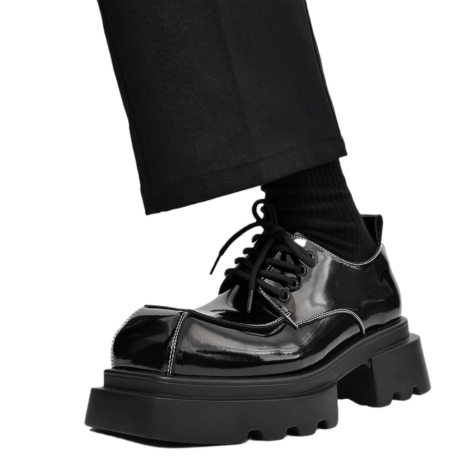 Black Glossy Square Toe Men's Shoes