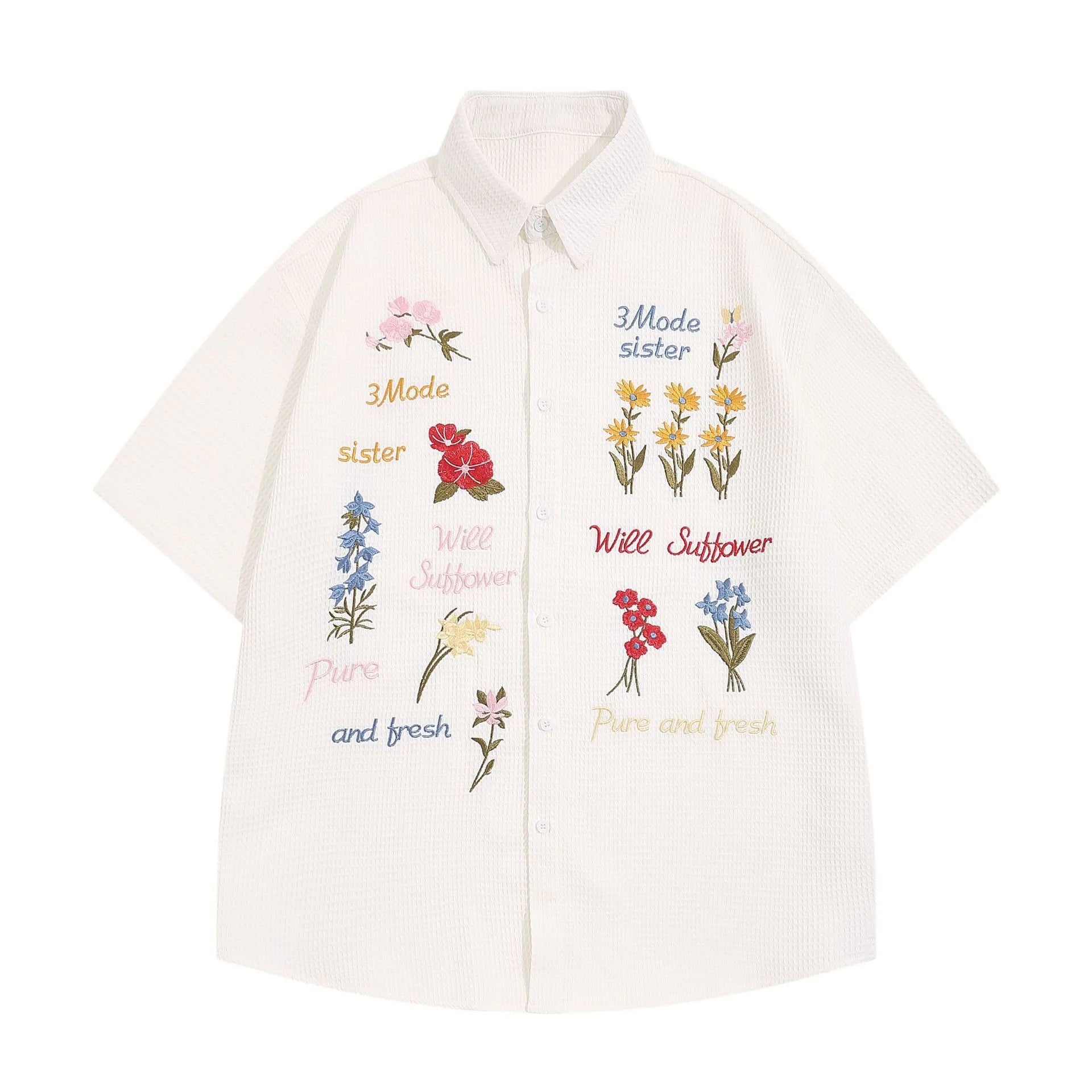 Vintage Floral Embroidered Short Sleeve Shirt